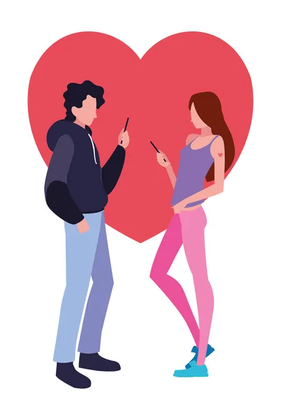 Man and woman characters using smartphone — Stock Vector