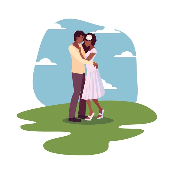 Pareja romántica abrazando paisaje al aire libre — Vector de stock