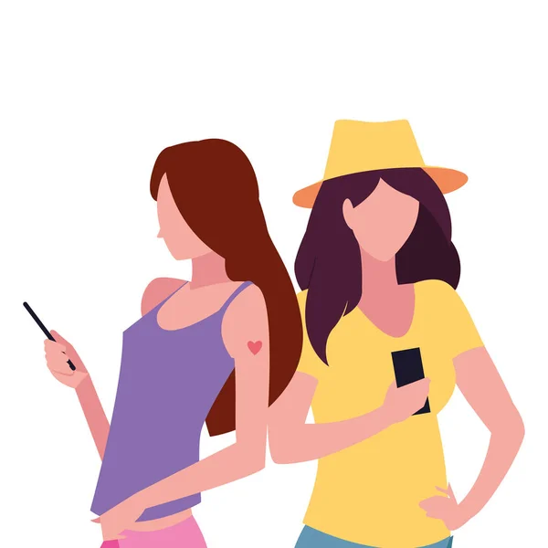 Two women using smartphone talking — Stock Vector