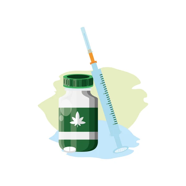 Prodotto della bottiglia di cannabis con pillole e siringa — Vettoriale Stock