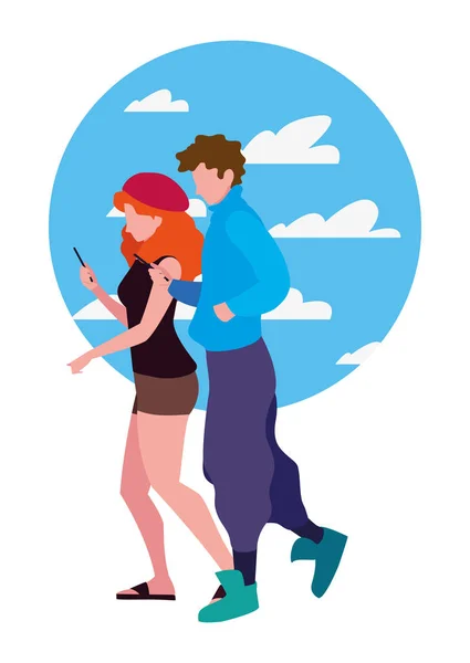 Man and woman using smartphone — Stock Vector