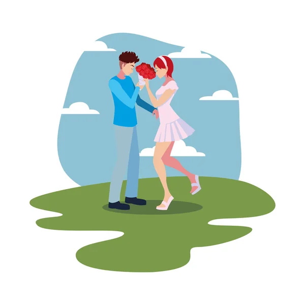 Hombre dando ramo de flores una mujer romántica — Vector de stock