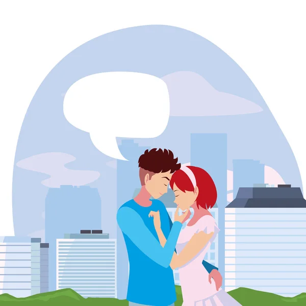 Pareja romántica abrazando parque de la ciudad — Vector de stock