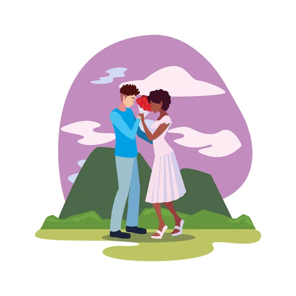 Hombre dando ramo de flores una mujer — Vector de stock