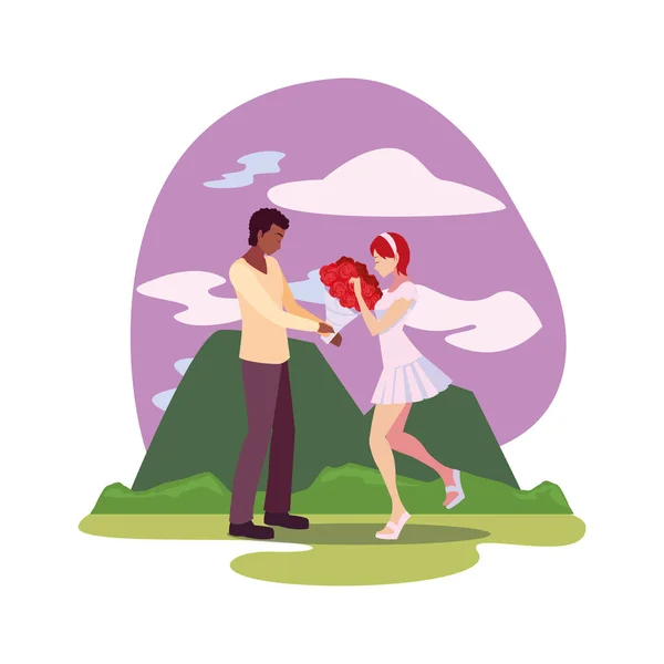 Hombre dando ramo de flores una mujer — Vector de stock