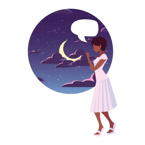 Hermosa mujer hablar burbuja en la noche — Vector de stock