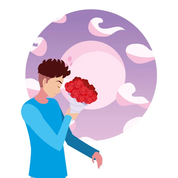 Man Holding boeket bloem in de nacht — Stockvector