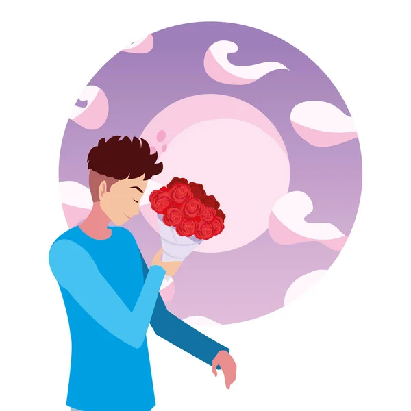 Hombre sosteniendo flores de ramo en la noche — Vector de stock