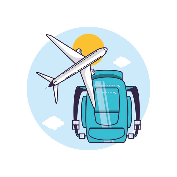 Travel bag equipment with airplane — Stock Vector