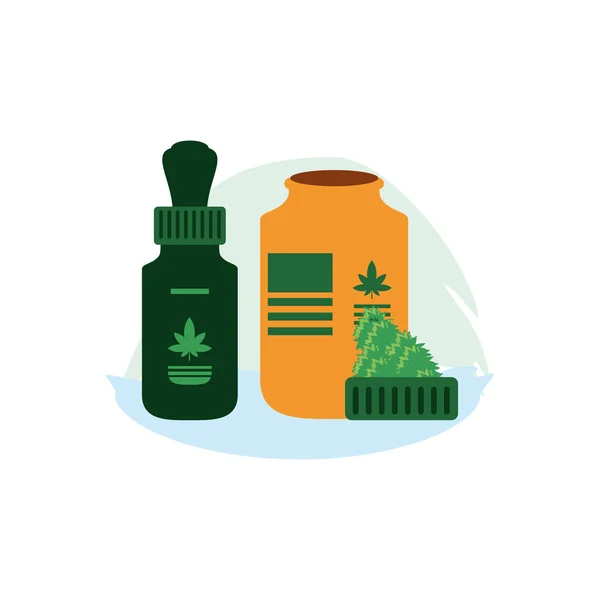 Contagocce cannabis con bottiglie prodotti — Vettoriale Stock