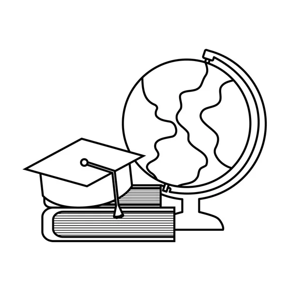 Karasal küre ve şapka mezuniyet ile kütüphane kitapları yığını — Stok Vektör