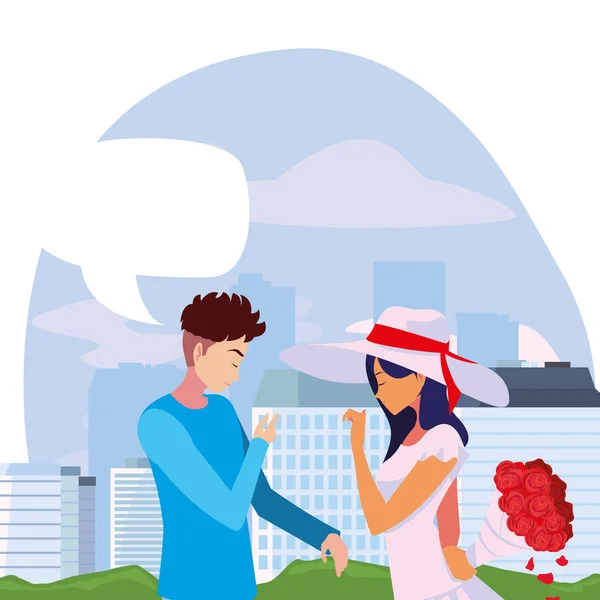 Hombre dando flores de ramo una mujer — Vector de stock