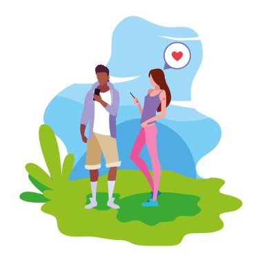 adam ve kadın manzara akıllı telefon cihazını kullanarak