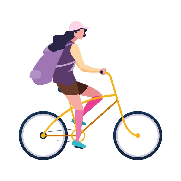 Mulher viajante com saco de andar de bicicleta — Vetor de Stock