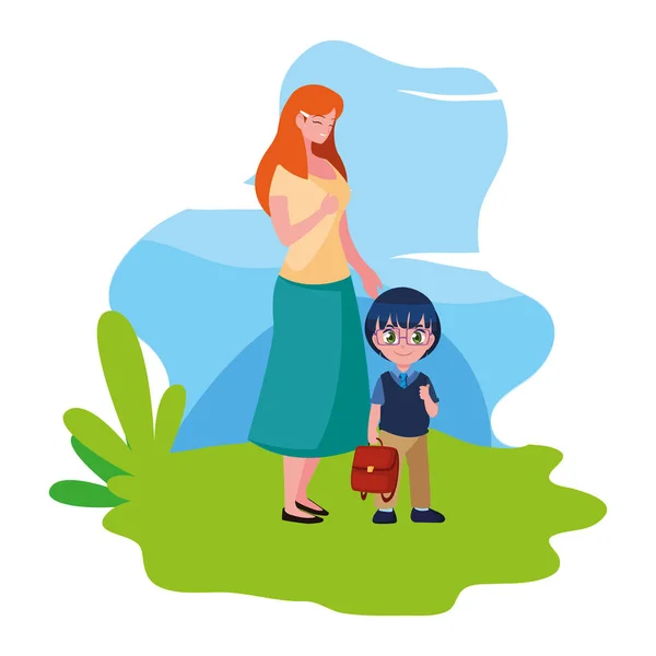 Мать со своим школьным мальчиком на открытом воздухе — стоковый вектор