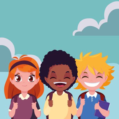 çanta ile üç okul erkek ve kız