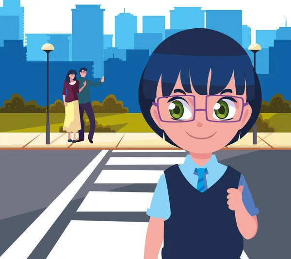 Iskolás fiú a szülőkkel stop állomás utca — Stock Vector