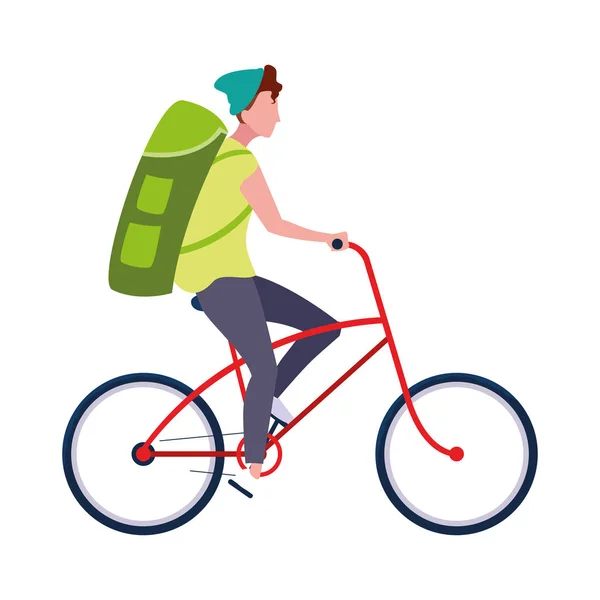 Traveler man with bag riding bicycle — Stock Vector