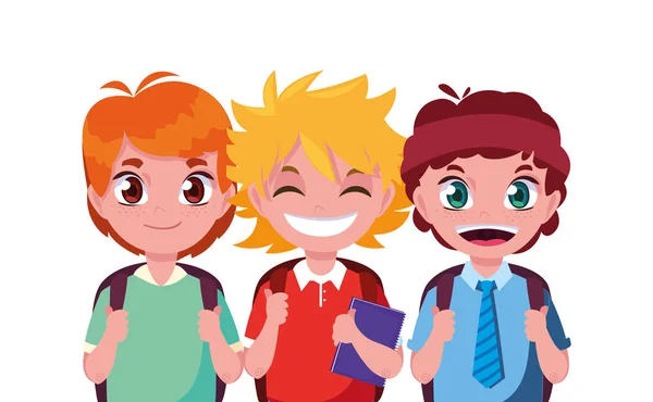 Tre ragazzi della scuola personaggi con borse — Vettoriale Stock