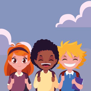 çanta ile üç okul erkek ve kız