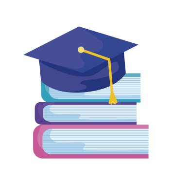 şapka mezuniyet ile kütüphane kitapları yığını