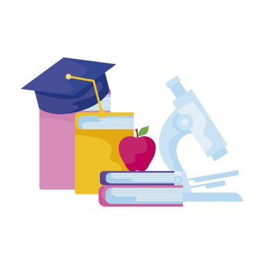 mikroskop ve şapka mezuniyetile kütüphane kitapları