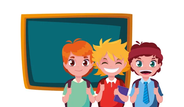 Three school boys with bags chalkboard — Stock Vector
