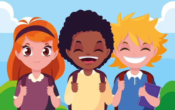 Három iskolás fiú és lány táskákkal — Stock Vector