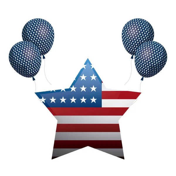 Zjednoczony stan amerykańskiej flagi w kształcie gwiazdy z balonami helu — Wektor stockowy