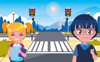 şehir caddesinde çanta ile okul kız ve erkek