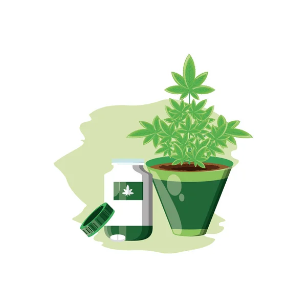 Bouteille de cannabis produit avec pilules et plante d'intérieur — Image vectorielle