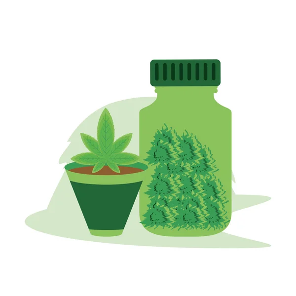Botella de cannabis producto con planta de interior — Vector de stock