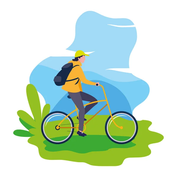 Traveler man with bag riding bicycle — Stock Vector