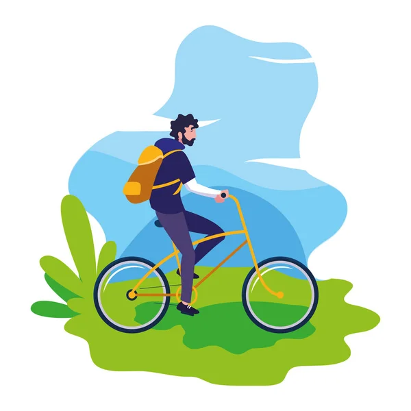 Voyageur homme avec sac vélo d'équitation — Image vectorielle