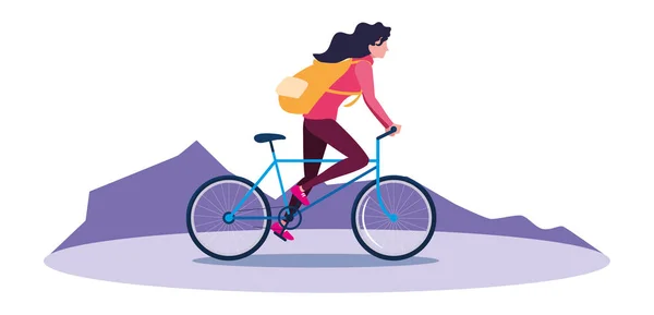 Voyageur femme avec sac vélo d'équitation — Image vectorielle