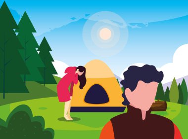 erkek ve kadın yürüyüş kampı çadır orman