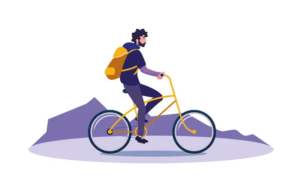 Traveler man with bag riding bicycle — Stock Vector