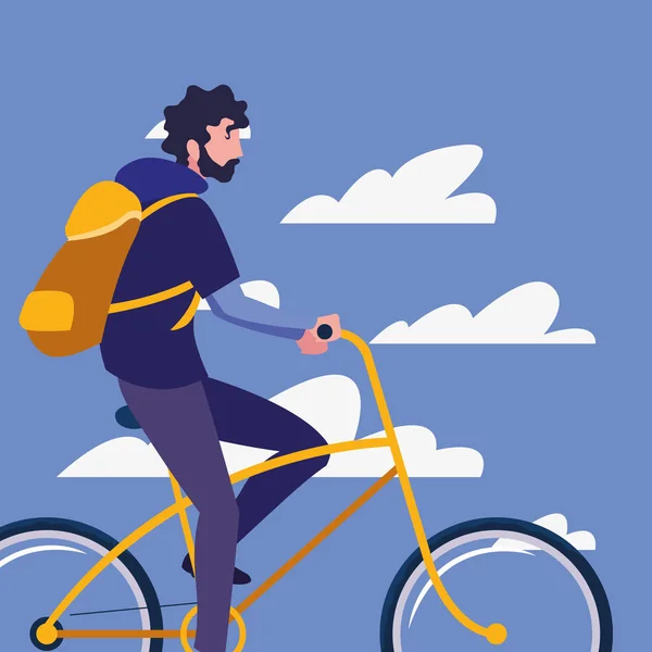 Viajero hombre con bolsa de montar en bicicleta — Vector de stock