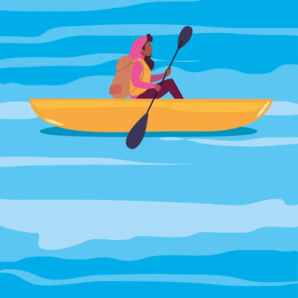 Mujer con bote de remos en el río — Vector de stock
