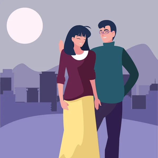 Pareja juntos personajes al aire libre fondo — Vector de stock