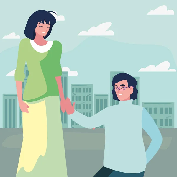 Мужчина стоит на коленях с женщиной, держась за руку — стоковый вектор