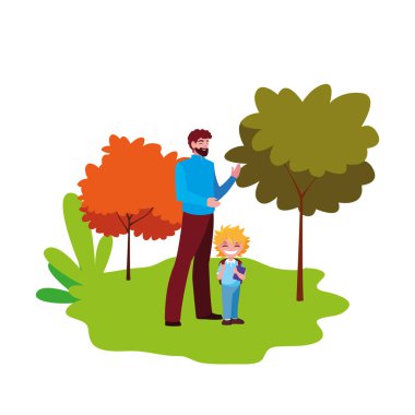 baba ve erkek öğrenci okula geri açık havada