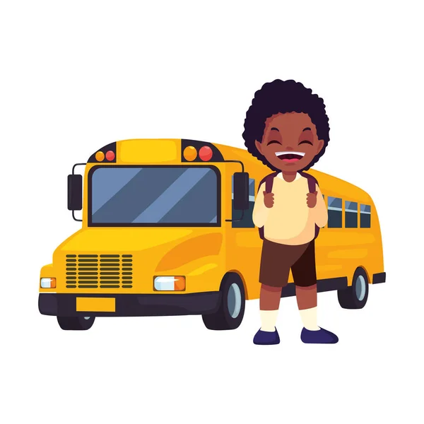 Niño estudiante y transporte en autobús de regreso a la escuela — Vector de stock