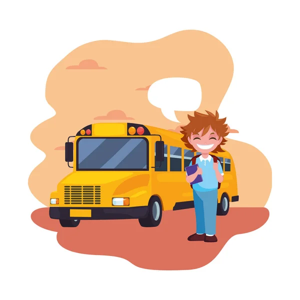 Niño estudiante y transporte en autobús de regreso a la escuela — Vector de stock