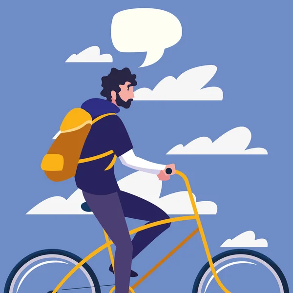 Jeune homme vélo parler bulle — Image vectorielle