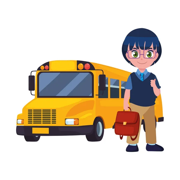 Student boy and bus transport back to school — Stock Vector