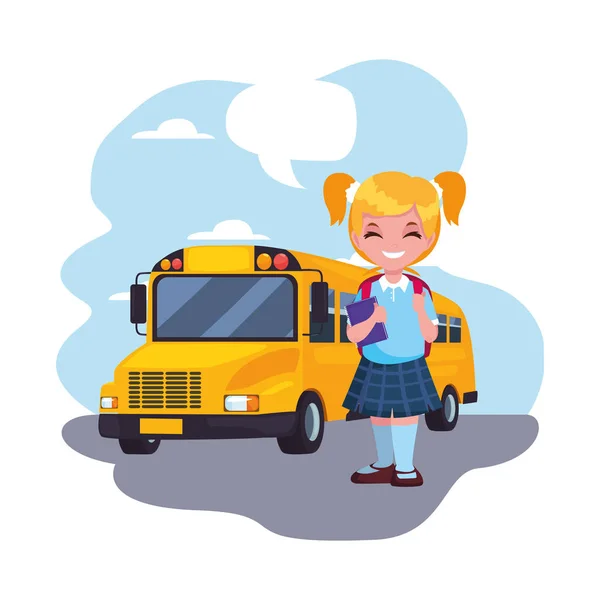 Estudiante chica con autobús de vuelta a la escuela — Vector de stock