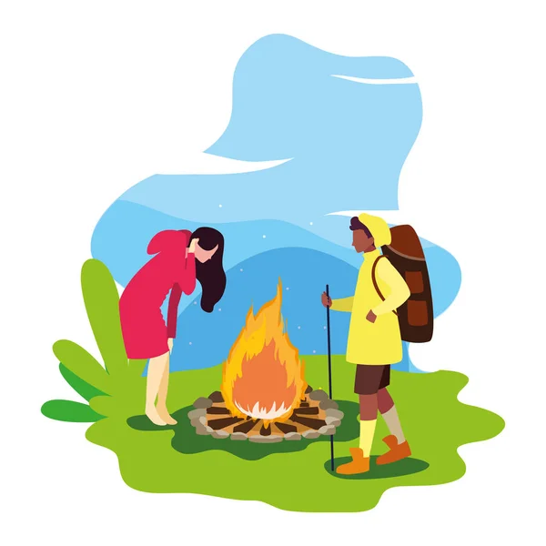 Homme et femme avec feu de joie camping randonnée paysage — Image vectorielle