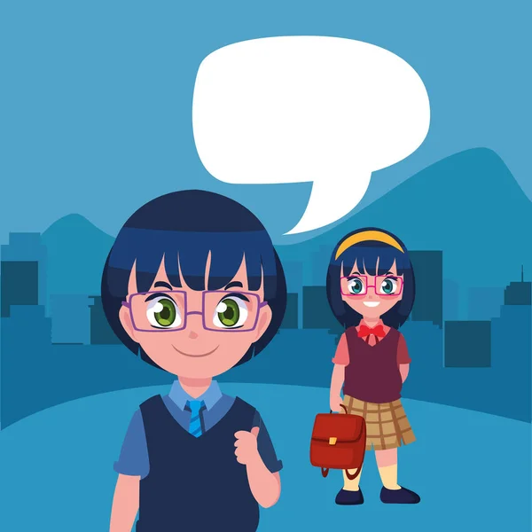 Студент хлопчик і дівчинка розмовляють назад до школи — стоковий вектор