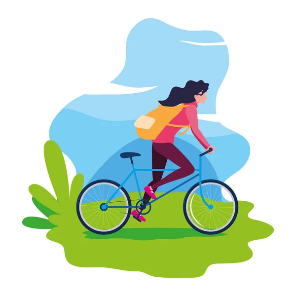 Traveler woman with bag riding bicycle — Stock Vector